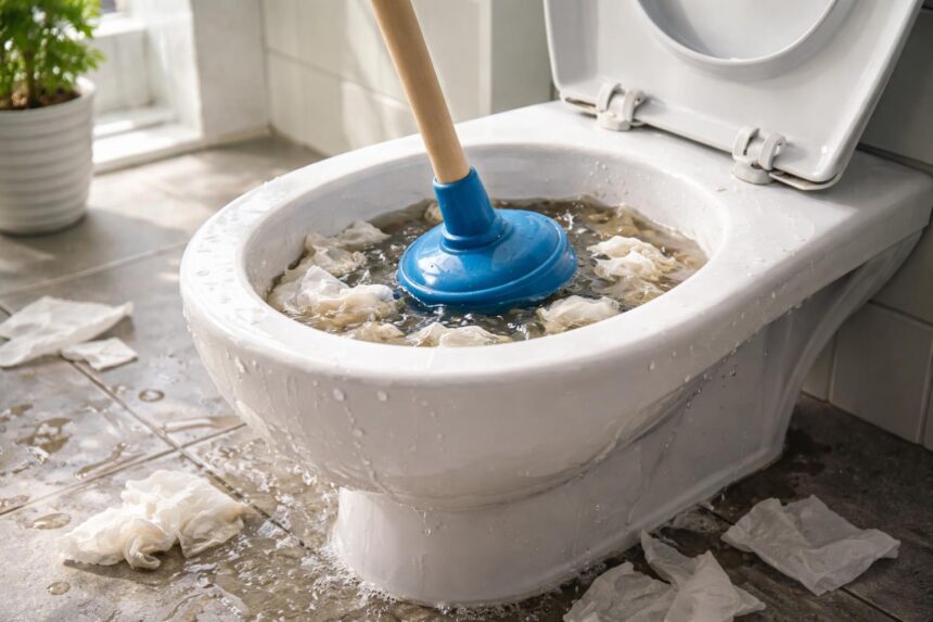 WC înfundat cu un piston și apă murdară, simbolizând emoții blocate