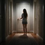 Fată stând în fața unei uși închise într-un corridor întunecat
