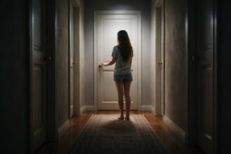Fată stând în fața unei uși închise într-un corridor întunecat