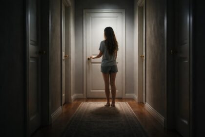 Fată stând în fața unei uși închise într-un corridor întunecat