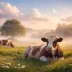 Vacă relaxată într-un peisaj pastoral, simbolizând abundența și stabilitatea.