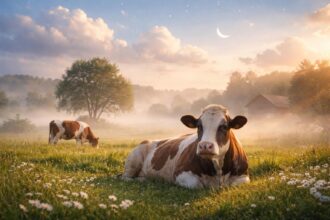 Vacă relaxată într-un peisaj pastoral, simbolizând abundența și stabilitatea.