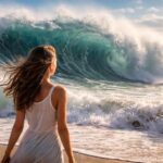 Femeie pe plajă privind valuri mari în ocean
