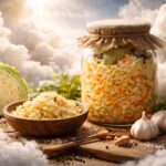 Varză murată în borcan alături de usturoi și legume proaspete