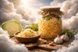 Varză murată în borcan alături de usturoi și legume proaspete