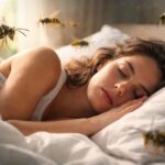 Femeie care doarme înconjurată de viespi