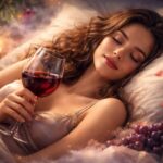 Femeie dormind cu un pahar de vin roșu și struguri