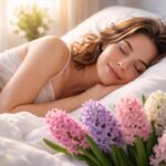 Femeie dormind lângă zambile roz și mov în lumina dimineții