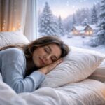 Femeie dormind într-o atmosferă de iarnă cu zăpadă afară