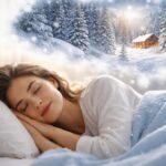 Fată dormit visând la peisaj de iarnă cu zăpadă albă