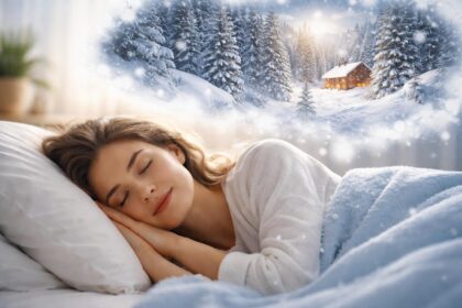 Fată dormit visând la peisaj de iarnă cu zăpadă albă