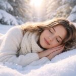 Fată fericită odihnindu-se în zăpadă albă curată