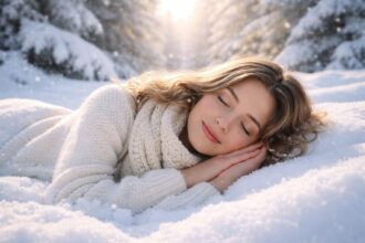 Fată fericită odihnindu-se în zăpadă albă curată