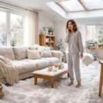 Femeie în pijama surprinsă de zăpadă în casă, simbolizând purificarea