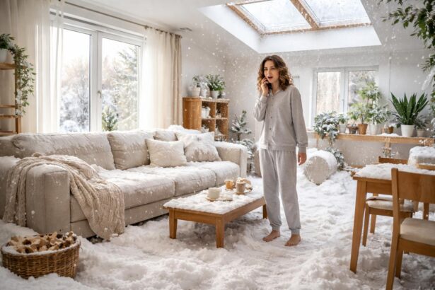 Femeie în pijama surprinsă de zăpadă în casă, simbolizând purificarea