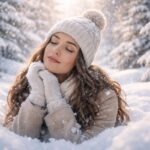Fată visătoare în zăpadă, simbolizând purificare și noi începuturi.