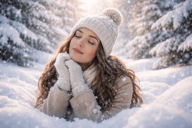 Fată visătoare în zăpadă, simbolizând purificare și noi începuturi.