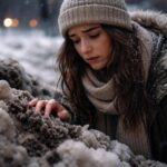 Fată contemplând zăpadă murdară, simbolizând emoții amestecate și curățare interioară.