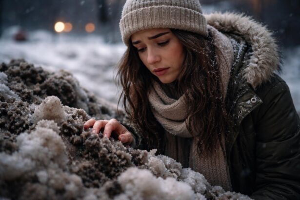 Fată contemplând zăpadă murdară, simbolizând emoții amestecate și curățare interioară.