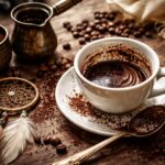Cana de cafea cu zaț pe o masă din lemn, simbolizând visele și intuiția