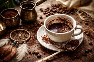 Cana de cafea cu zaț pe o masă din lemn, simbolizând visele și intuiția