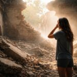 Femeie contemplând ruinele unei clădiri dărâmate în lumina dimineții.
