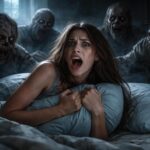 Femeie speriată în vis de zombi, simbolizând frici și epuizare