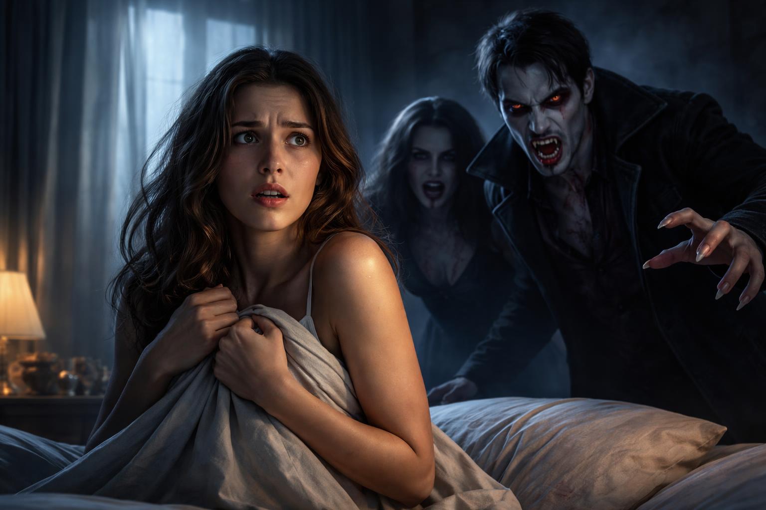 Femeie speriată de vampiri în visul său, simbolizând fricile ascunse.