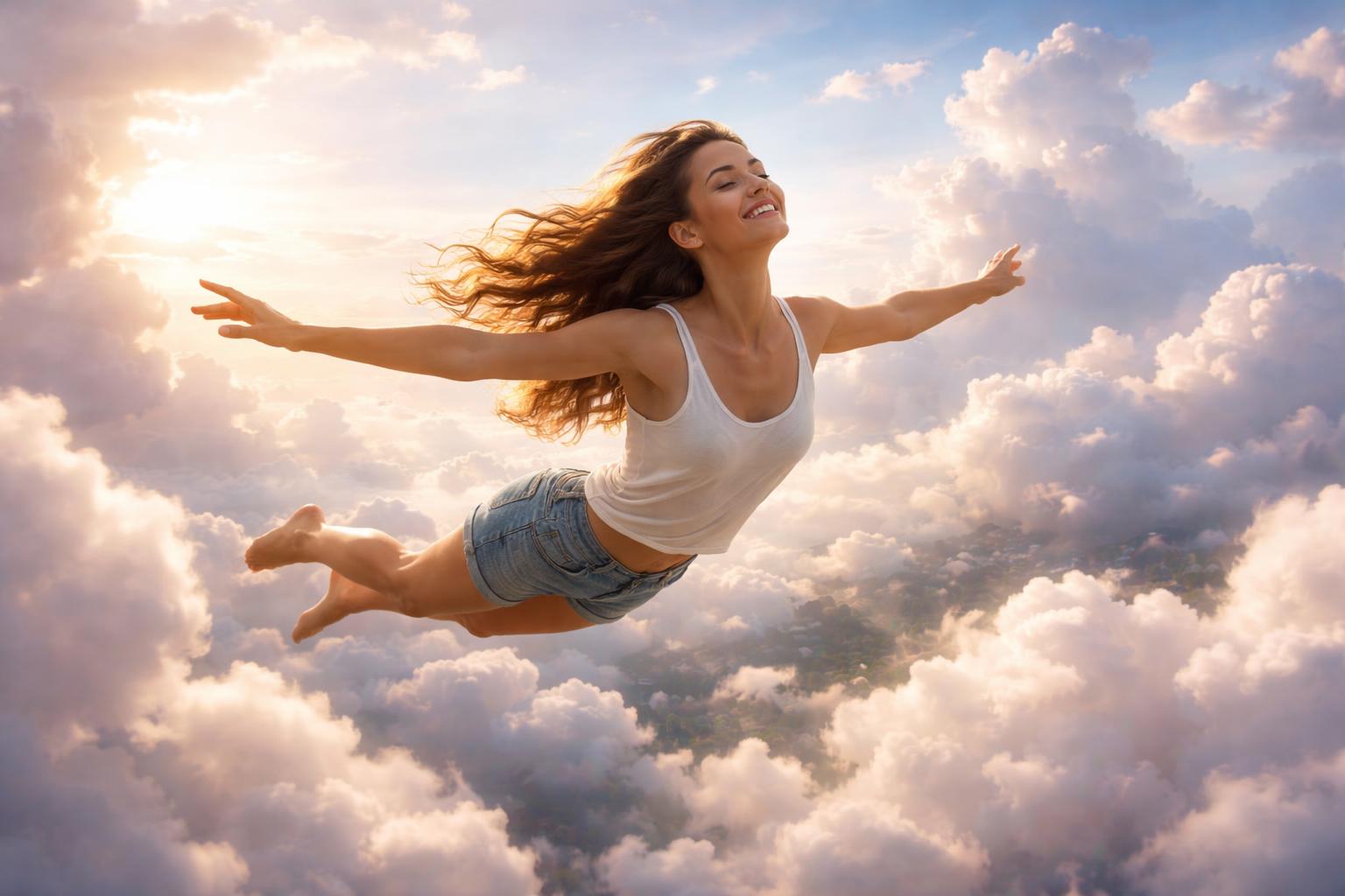 Femeie zburând printre nori, simbolizând libertatea și încrederea în sine.