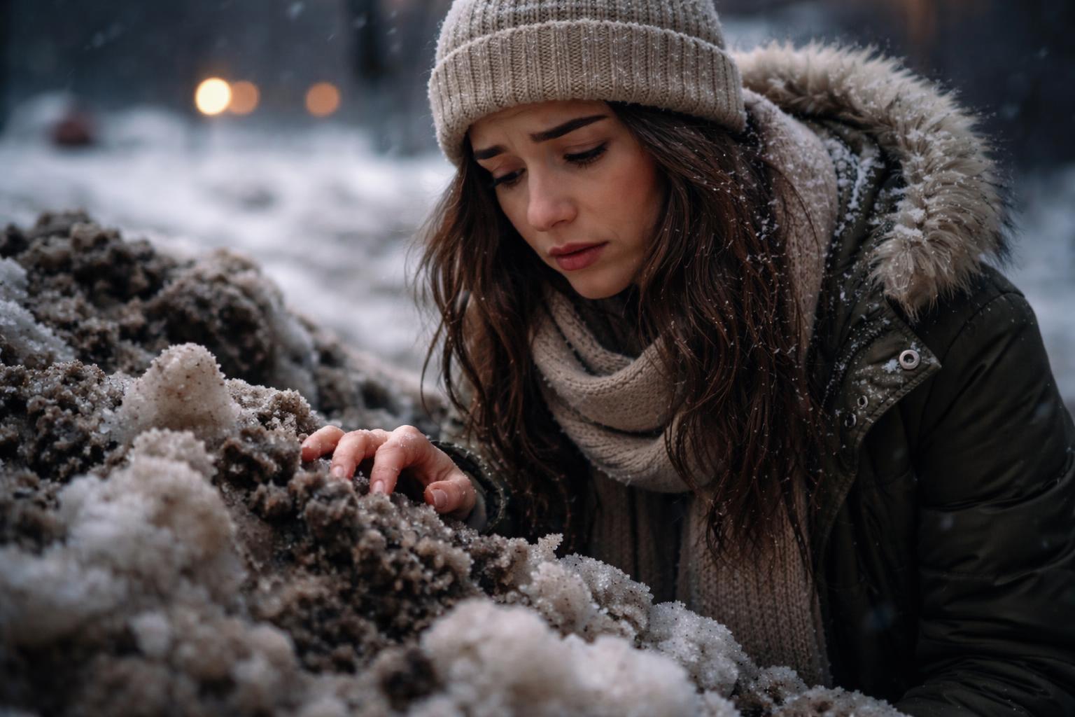 Fată contemplând zăpadă murdară, simbolizând emoții amestecate și curățare interioară.