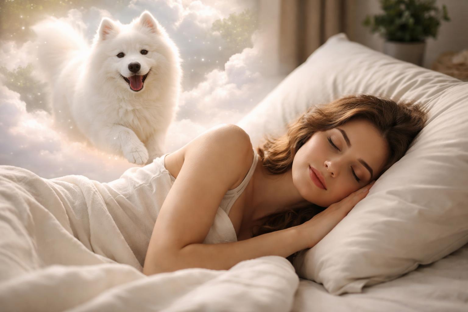 Femeie care doarme lângă un câine alb în vis, simbolizând loialitate și protecție.