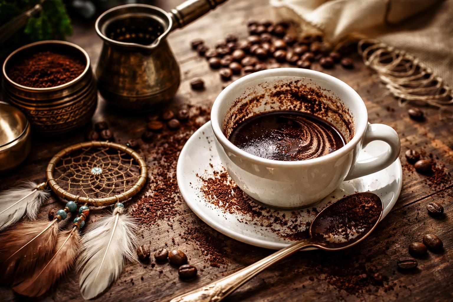 Cana de cafea cu zaț pe o masă din lemn, simbolizând visele și intuiția
