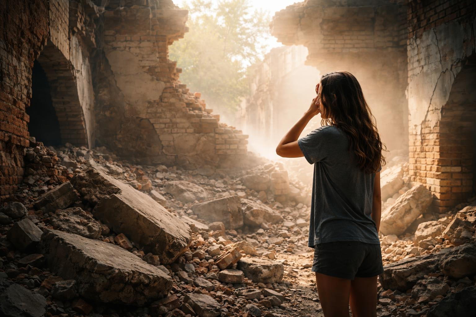 Femeie contemplând ruinele unei clădiri dărâmate în lumina dimineții.
