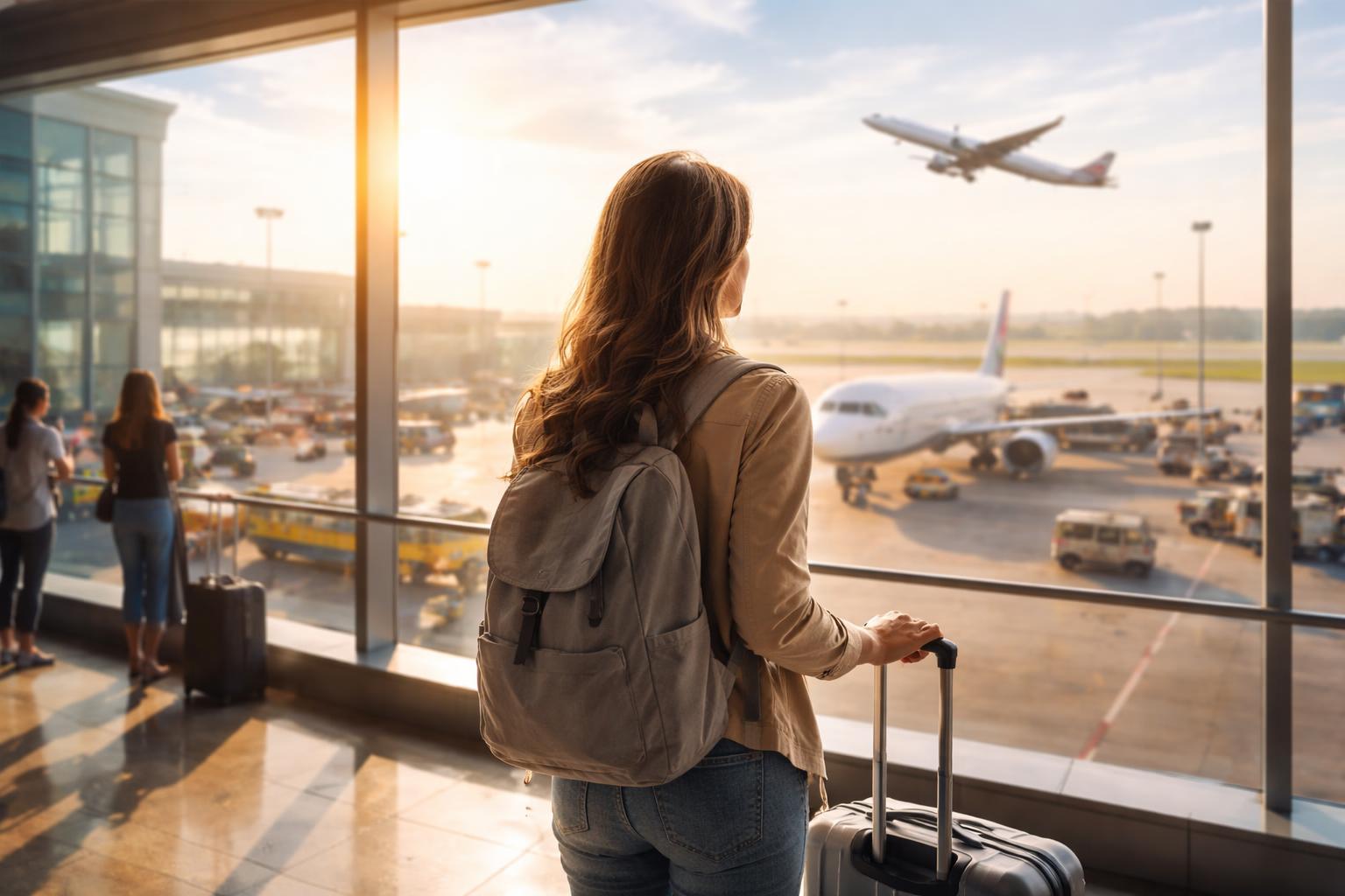 Femeie privind pe geamul unui aeroport la avioane în zbor