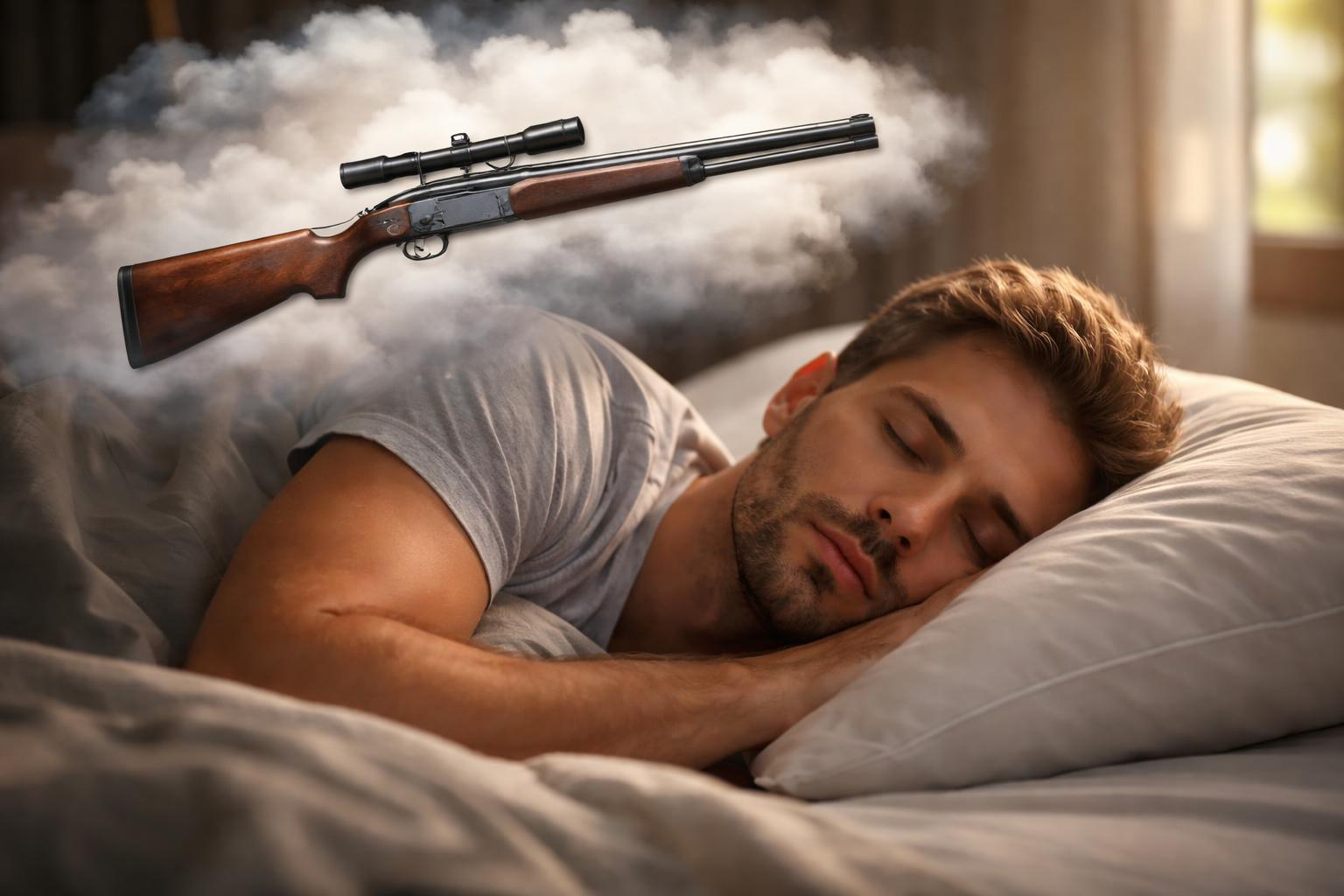 Bărbat dormind cu un vis oniric despre o pușcă