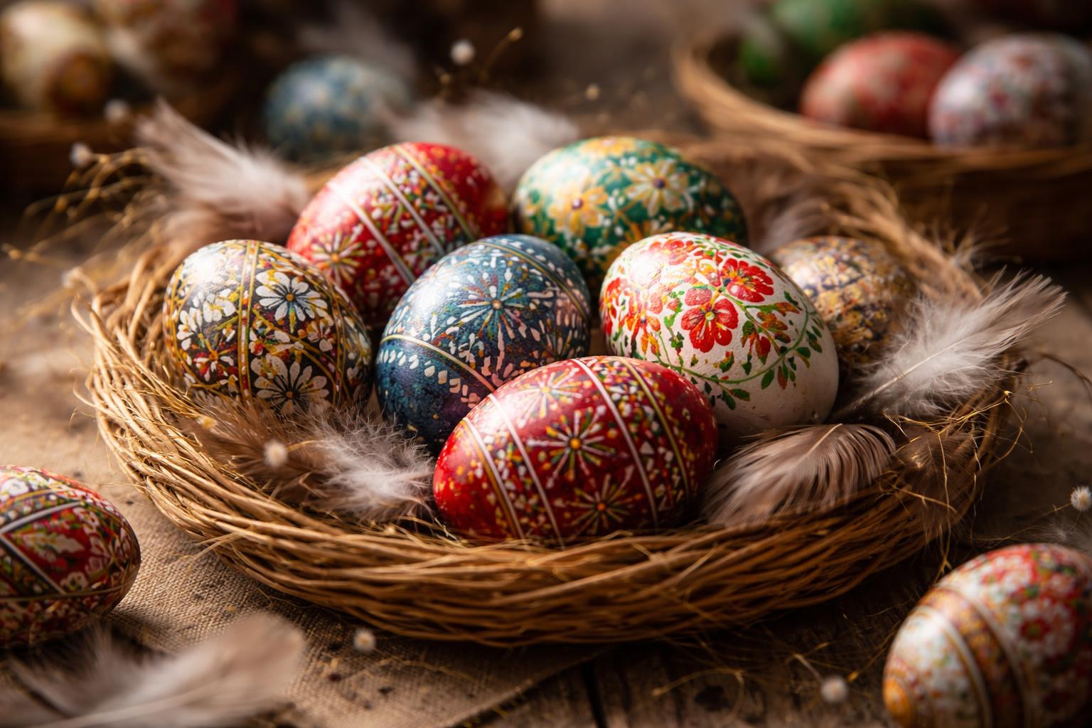 Ouă încondeiate colorate în cuib din nuiele