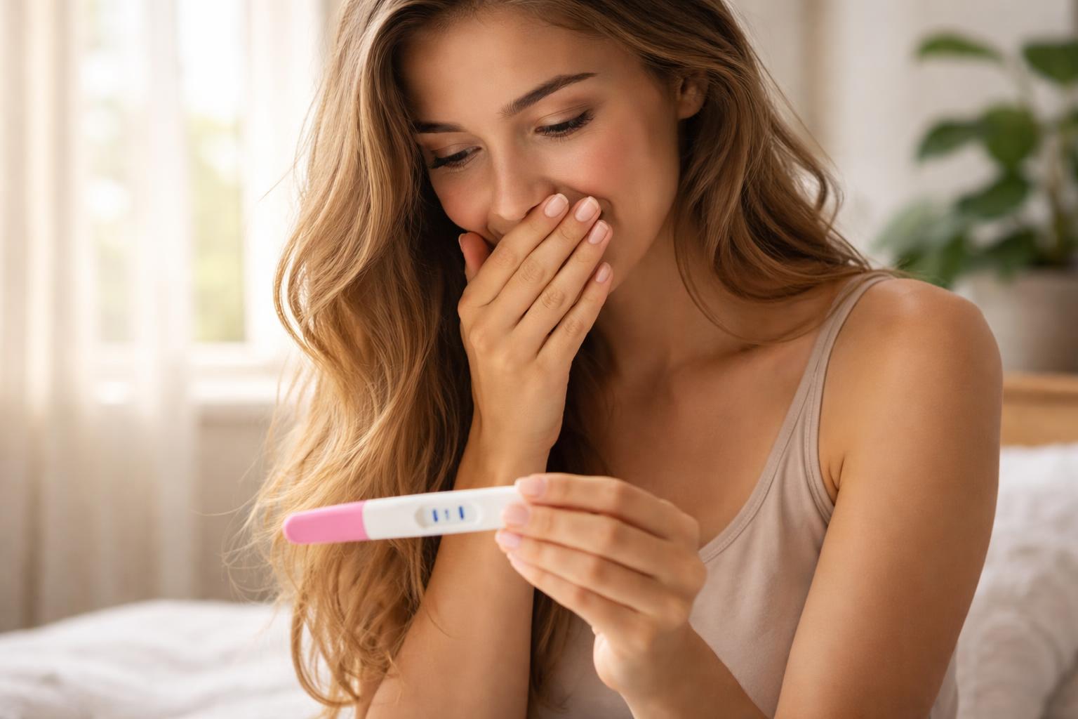 Femeie surprinsă privind un test de sarcină pozitiv.