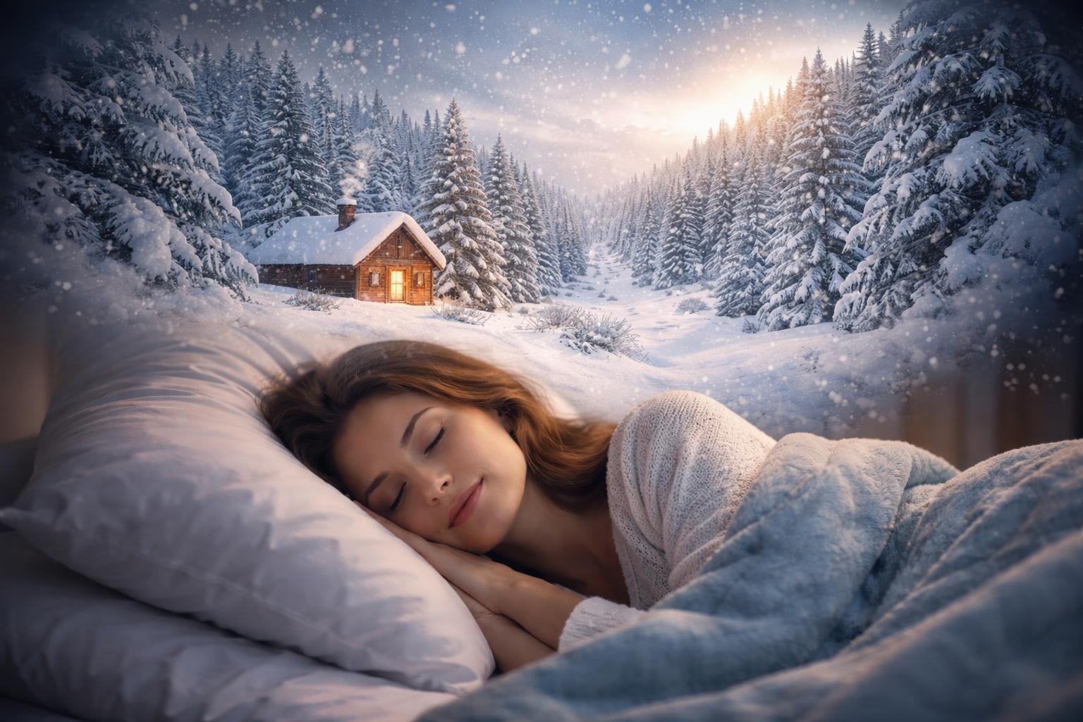Femeie dormind într-un peisaj de iarnă cu zăpadă