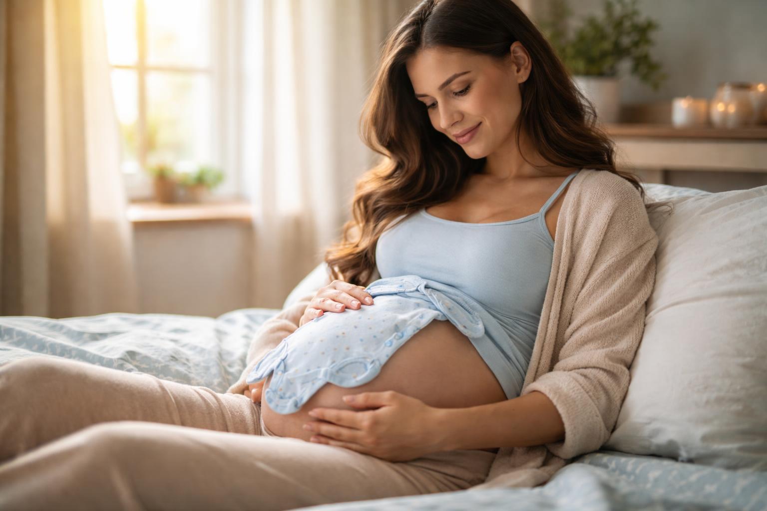 Femeie gravidă cu băiat zâmbind în timp ce își mângâie burtica