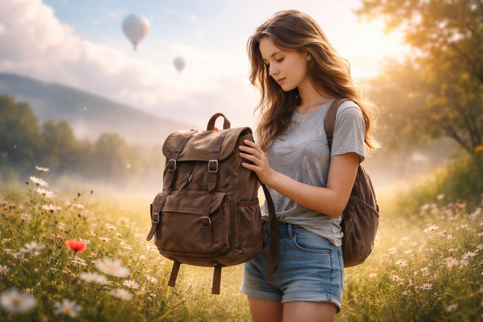 Fată cu rucsac pe un câmp plin de flori în lumina dimineții