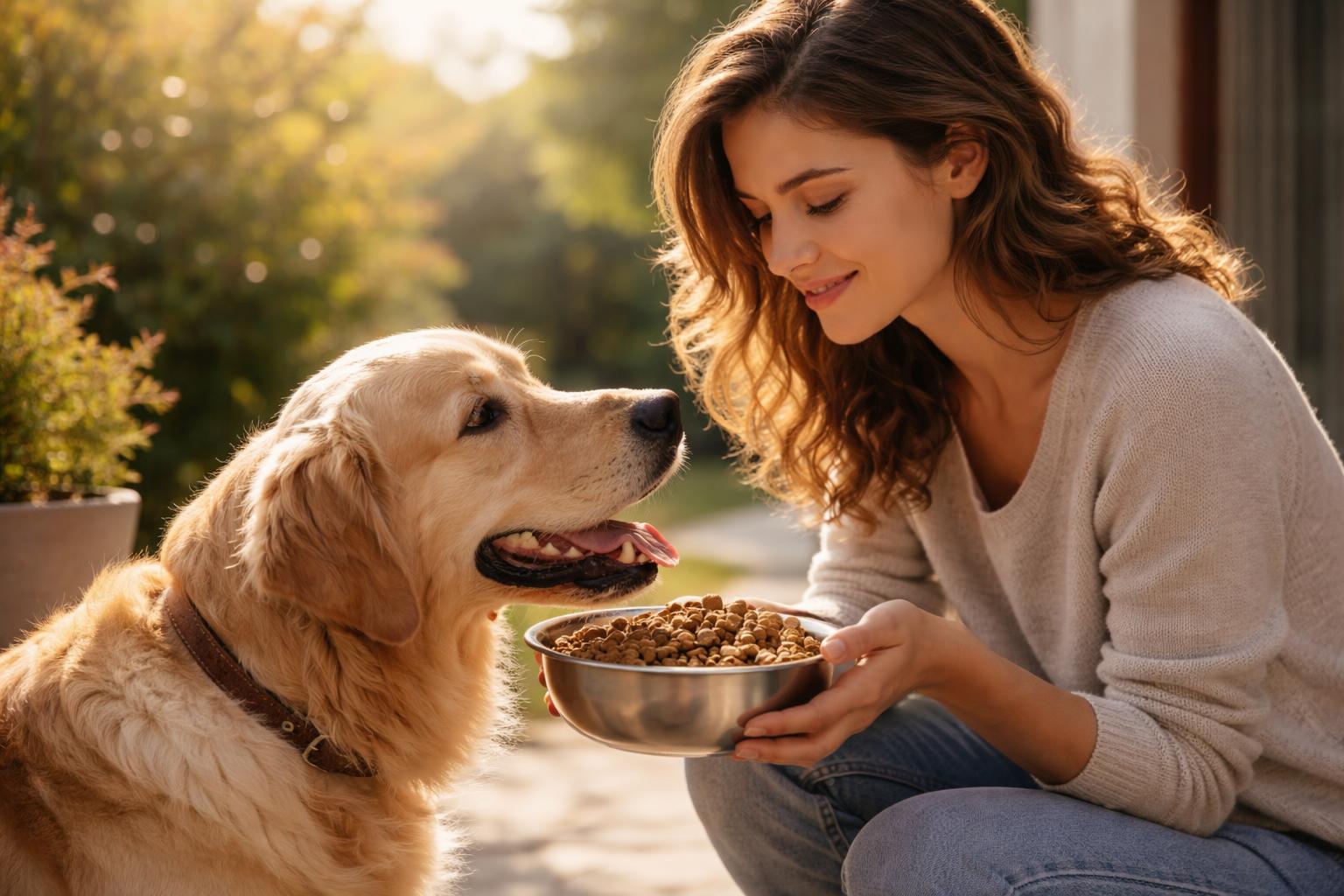 Femeie hrănind un câine în grădină, simbolizând loialitate și grijă