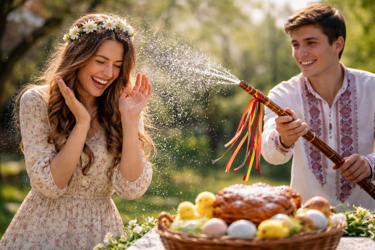 Tineri sărbătorind Paștele prin stropirea cu apă în natură.